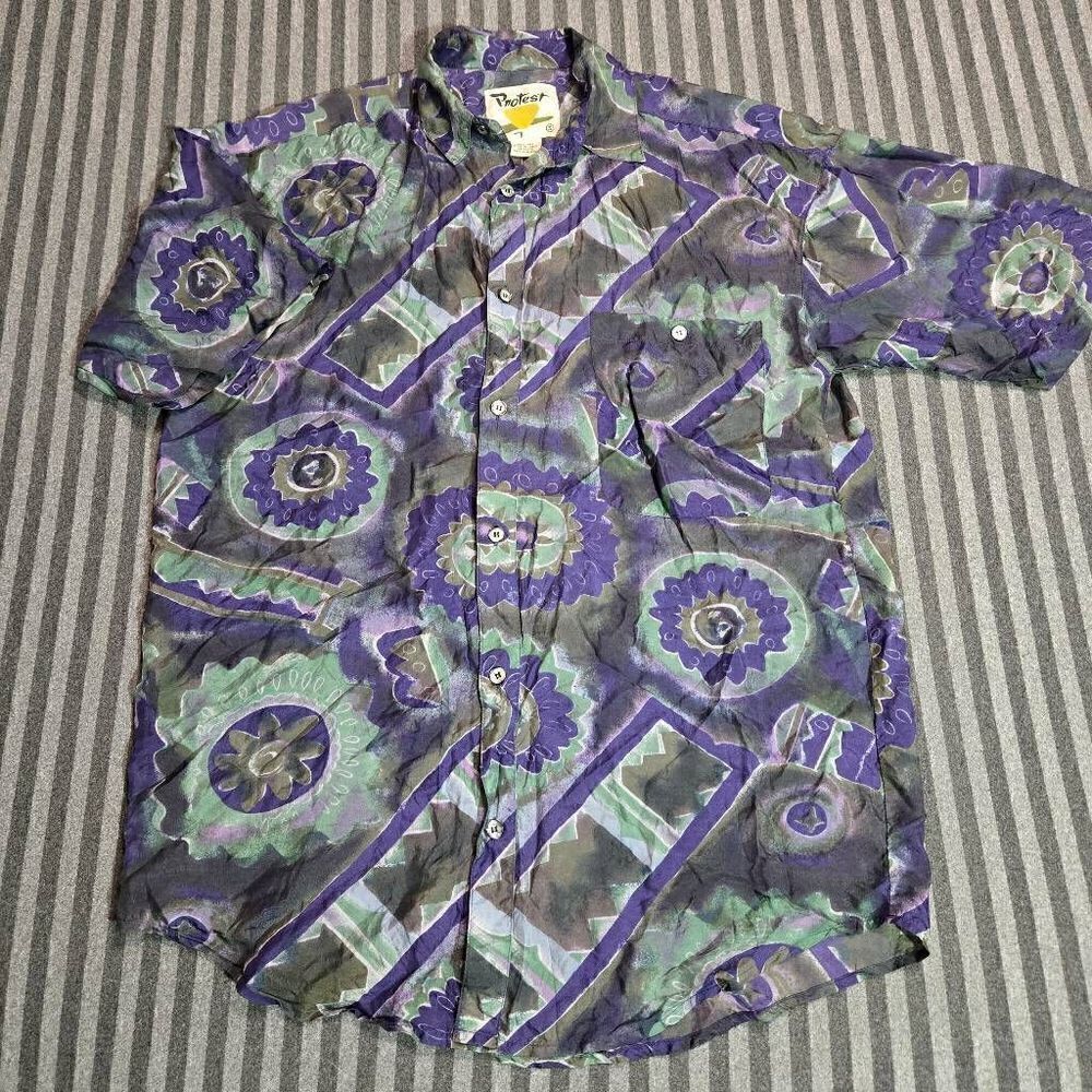 PROTEST VINTAGE OVERSIZE HAWAIIAN SILK SHIRT PURPLE GRAY ABSTRACT 90S MENS SMALL
